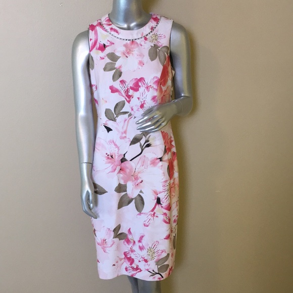 CALVIN KLEIN | Sheath Dress Lily Print With Pearl Embellished Neckline - Picture 1 of 16